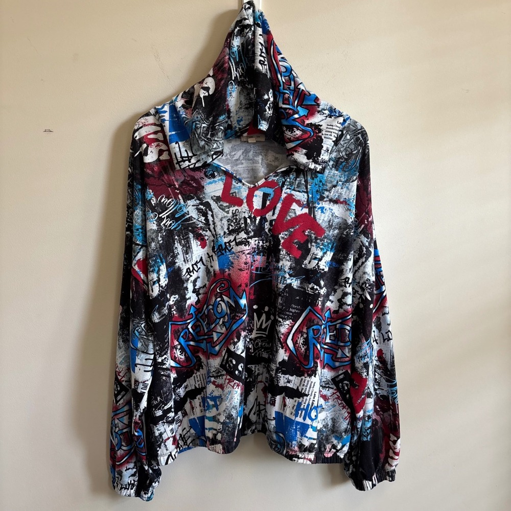 Paper + Tee Graffiti Print Hoodie Womens 3X Multicolor Streetwear V-Neck Top